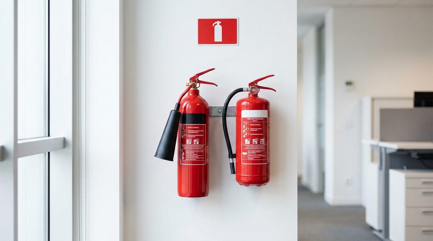 CO2 and dry powder fire extinguishers wall-mounted in a modern office